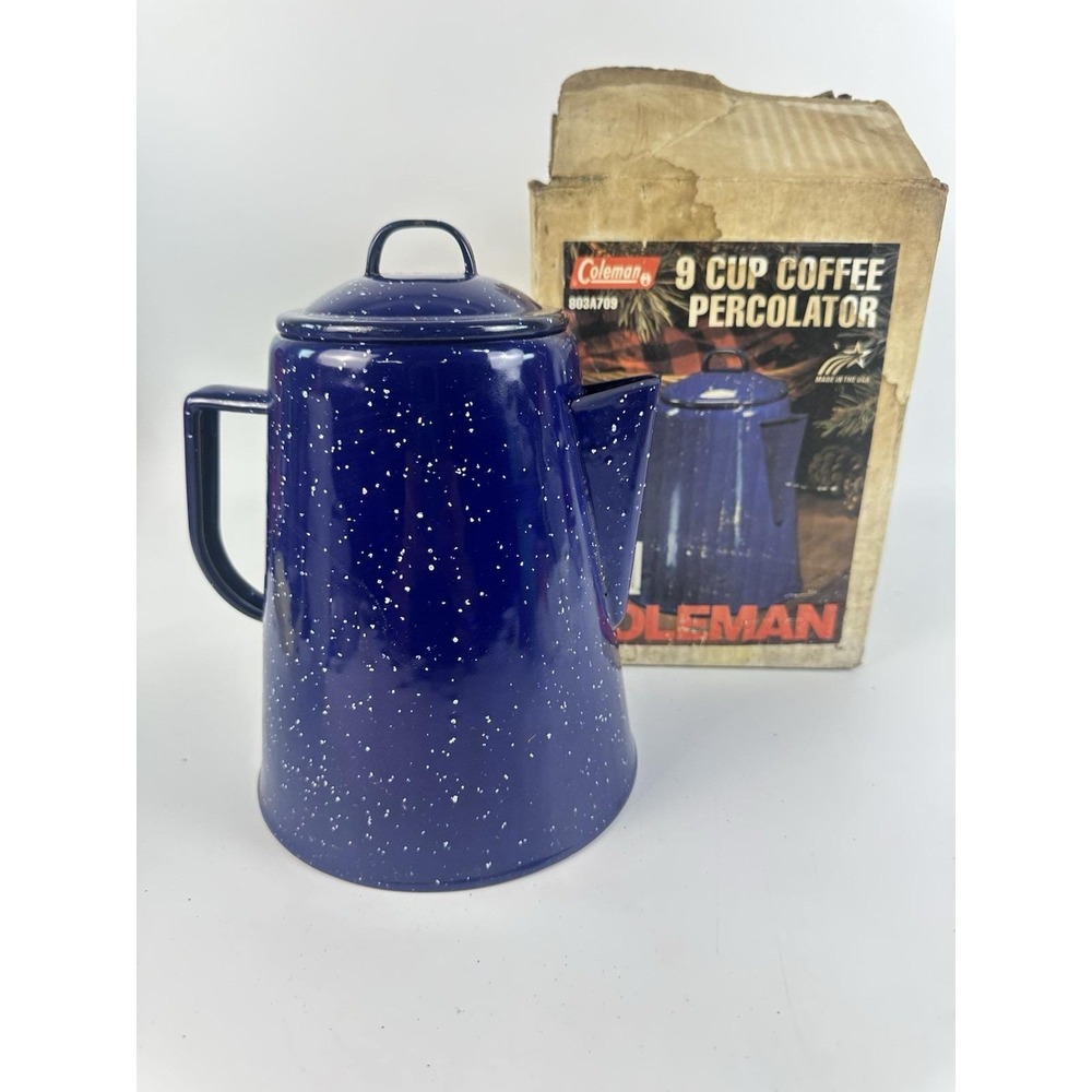 Vintage Coleman 9 Cup Coffee Percolator Blue Speckled Enamel USA 803A709 Box